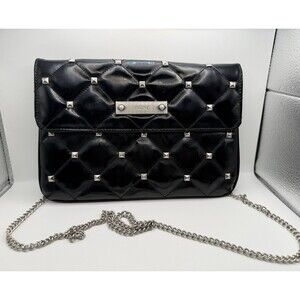PRÜNE Black Quilted Studded Crossbody Bag Silver Chain, Magnetic, Pockets